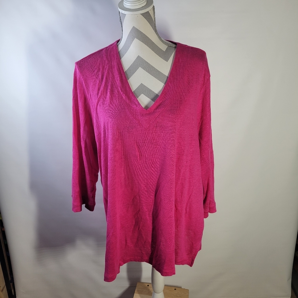 Chicos 100% Linen V neck 3/4 Sleeve top Pink Size 4/XXl